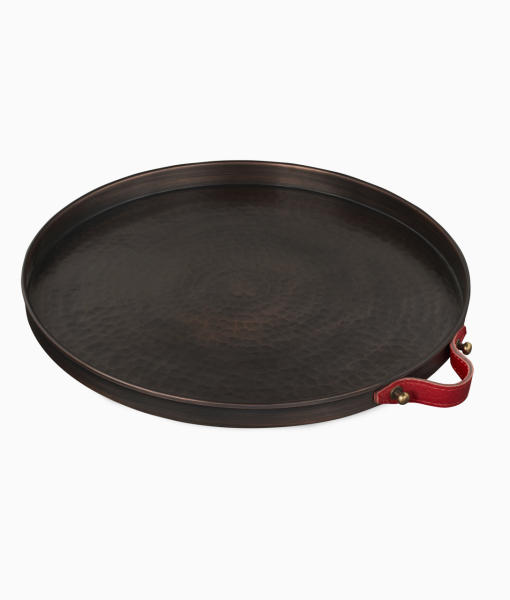 ALA Bakır Tepsi [Deri Kulp-28cm] Kırmızı Deri Kulp