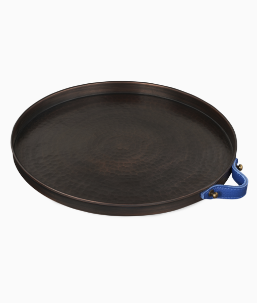 ALA Bakır Tepsi [Deri Kulp-28cm] Lacivert Deri Kulp