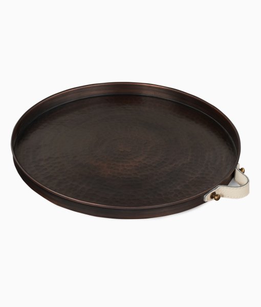 ALA Bakır Tepsi [Deri Kulp-28cm] Ekru Deri Kulp